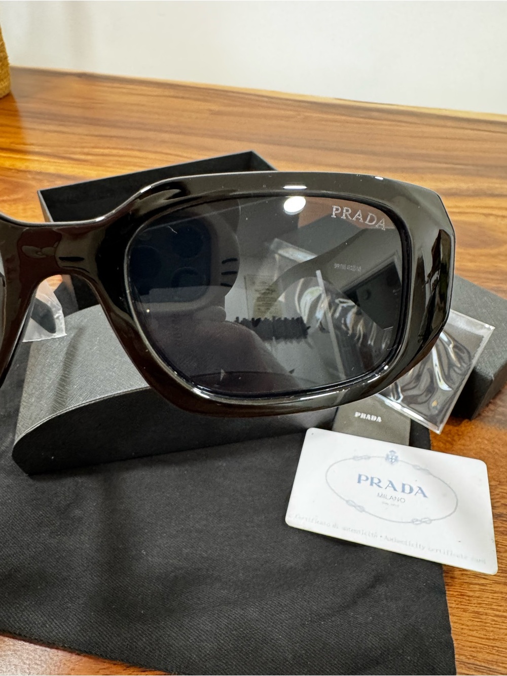 Prada Glossy Black Rectangular Sunglasses with Dark Lenses - Picture 9 of 13